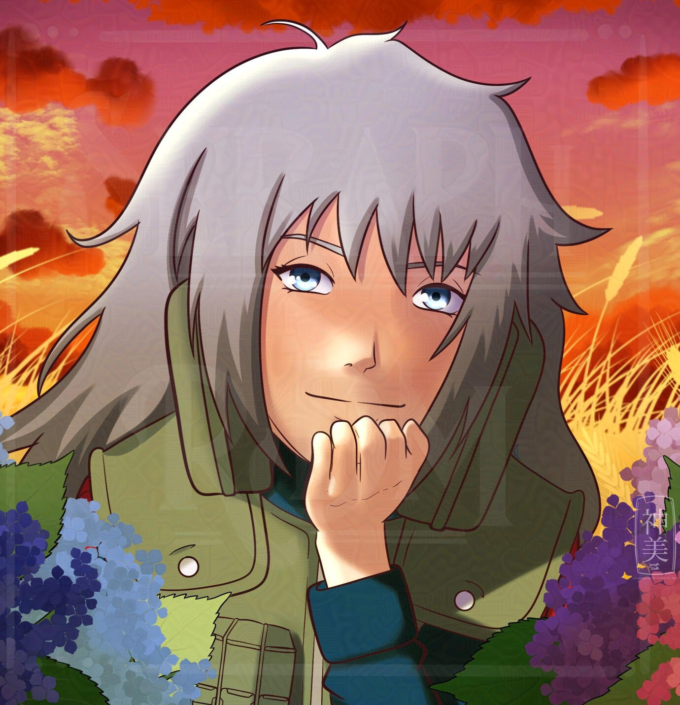 A drawing of Tsukiya chilling with some hydrangeas because those are their favorite flowers